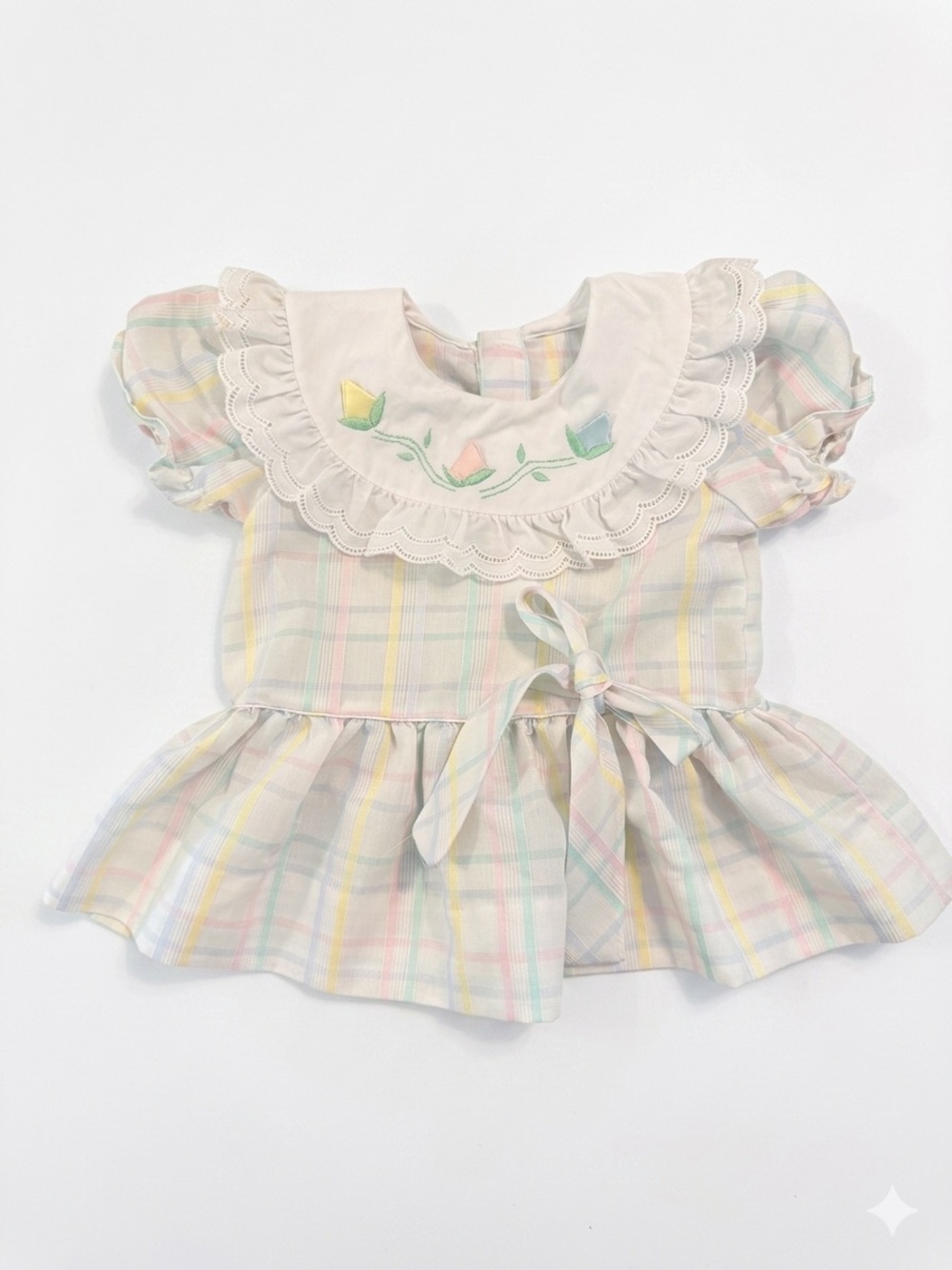 Vintage Pastel Plaid Ruffled Collar Dress with Embroidered Tulips